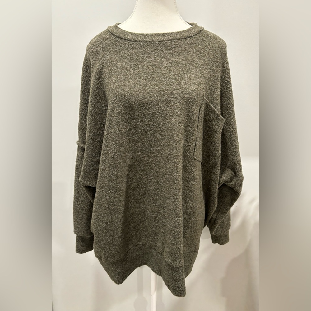 Zenana Melange High Low Hem Pocket Sweater Size XL Olive Oversized Comfy